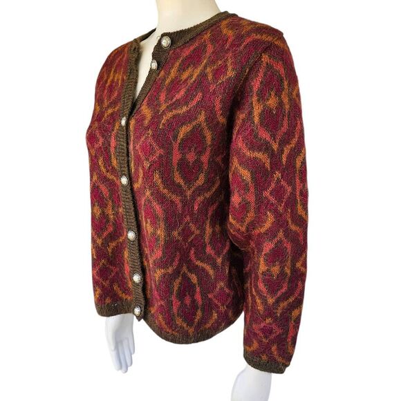 Edinburgh Women’s Mohair Blend Cardigan Sweater M Brown Red Pattern Knit Button - Picture 2 of 12